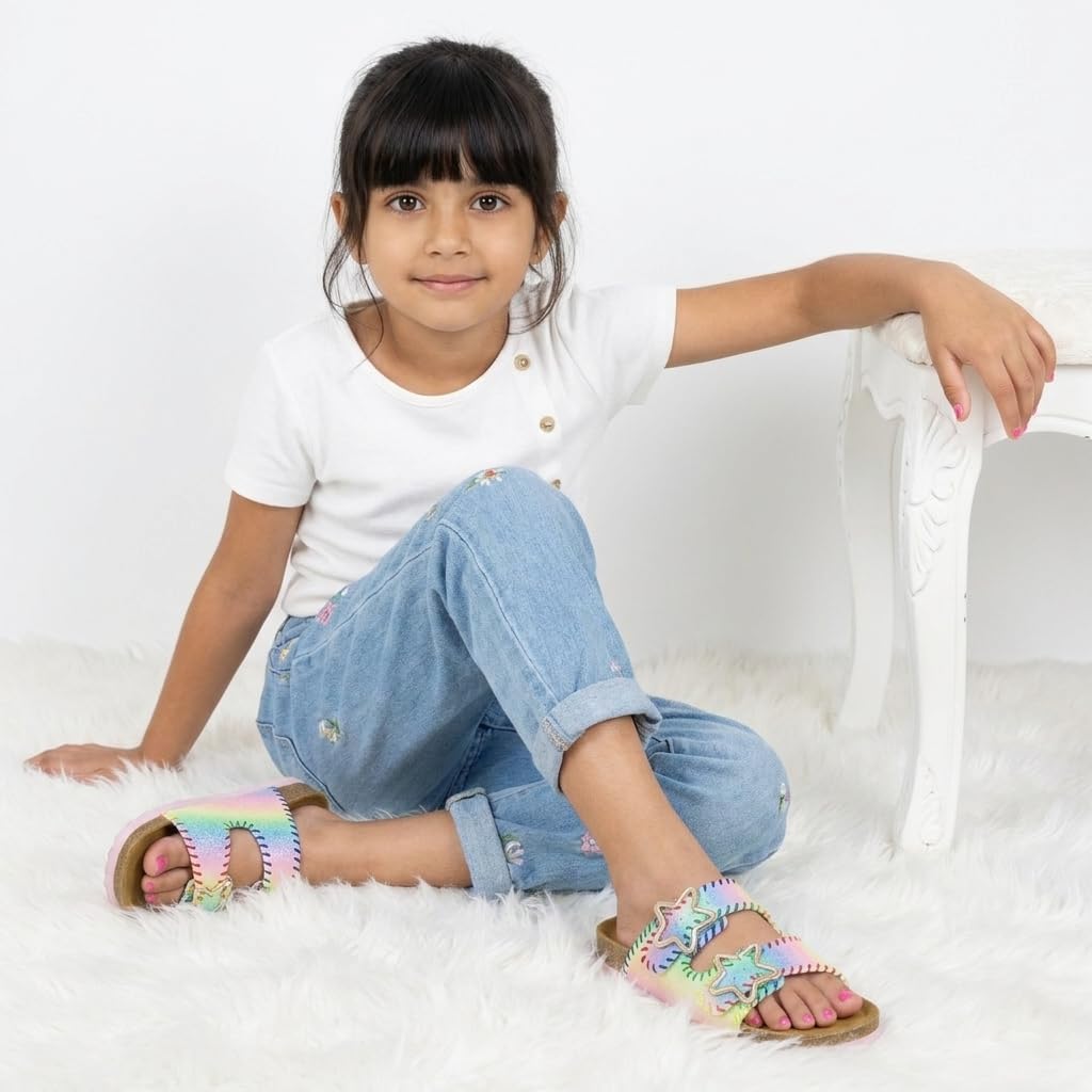 CUSHIONAIRE Lily Girl Toddler Sandals with Adjustable Gold Tone Star Buckles and Cushioned Cork Footbed Slip On Girls Slides for Kids