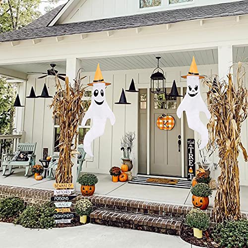 Colminsen 43\" 2021 Halloween Ghost Windsocks with Witch Hat LED Light Hanging Decorations - Flag Wind Socks for Home Yard Outdoor Decor Party Supplies (2 Pieces)