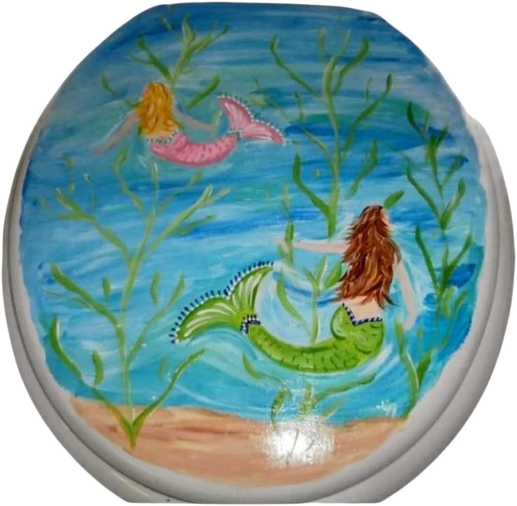 Hand painted swimming mermaids standard white toilet seat.
