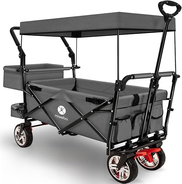 Miweba Faltbarer Bollerwagen MB-20 | Sonnendach UV-beständig - 2X Anschnallgurte - Transportwagen für Kinder - Traglast 100 Kg - Wagen - Feststellbremse - Hartgummireifen (Grau)