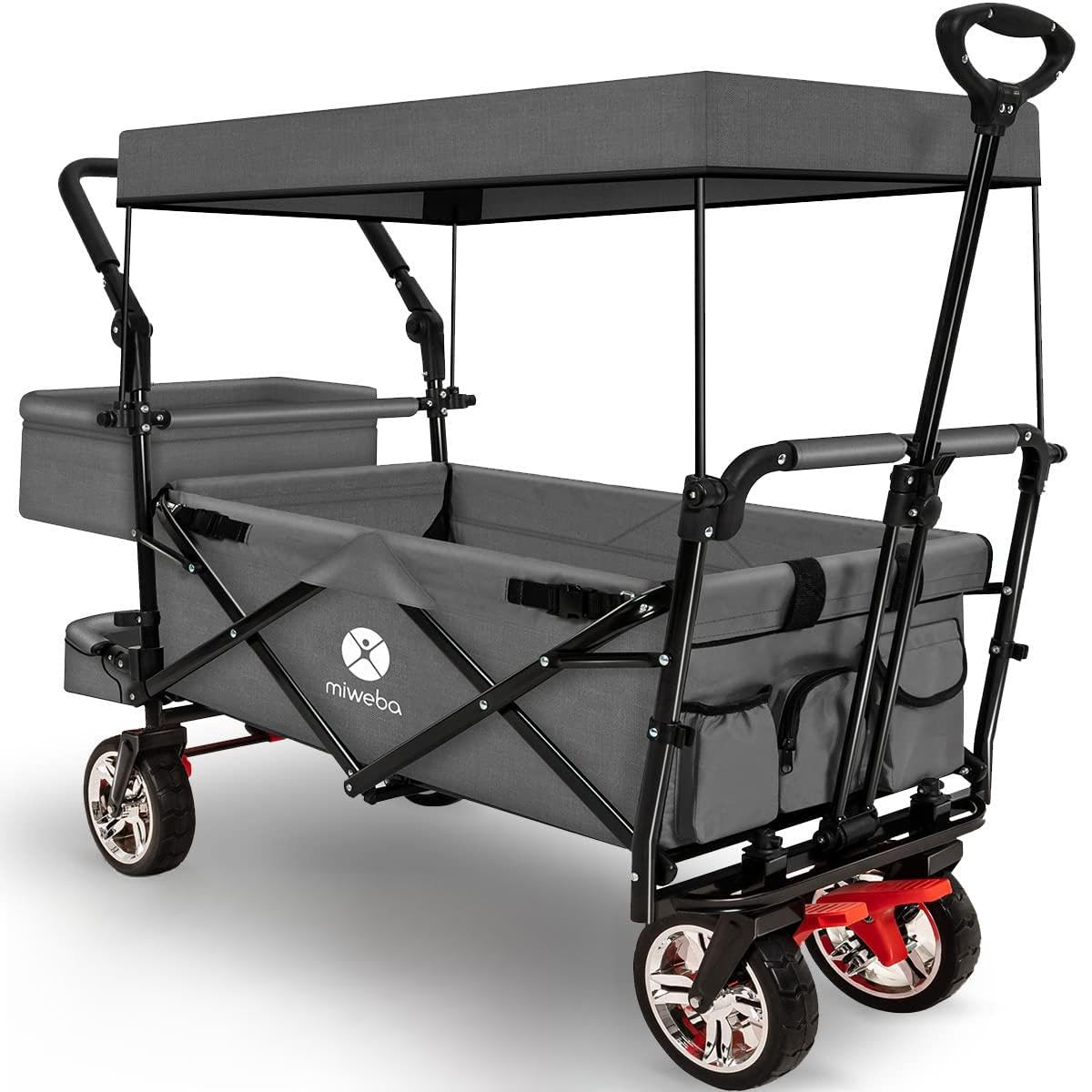 Miweba Faltbarer Bollerwagen MB-20 | Sonnendach UV-beständig - 2X Anschnallgurte - Transportwagen für Kinder - Traglast 100 Kg - Wagen - Feststellbremse - Hartgummireifen (Grau)