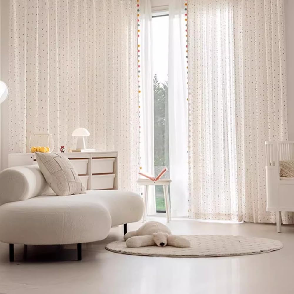 Linen Look Pom Pom Tasseled Sheer Curtains for Living Room Colorful Patterned Semi Sheer Voile Panels Light Filtering for Nursery Room Rod Pocket Top 2 Panels W42 x L84 Inch