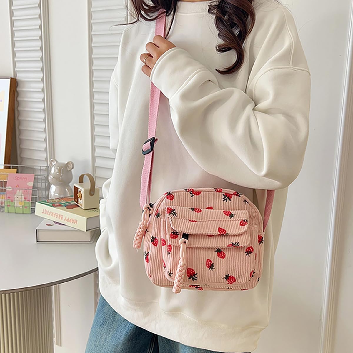 Cute Strawberry Purse for Women Strawberry Bag Corduroy Tote Bag for Women Messenger Bag Cute Crossbody Bags Handbags - Image 2