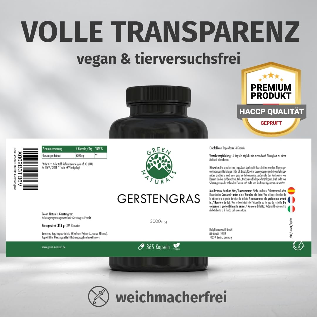 Green Naturals Gerstengras – Hochdosiert: 3.000 mg Extrakt – 365 Kapseln | 10:1 pro Tagesdosis · 3-Monatsvorrat · Laborgeprüft