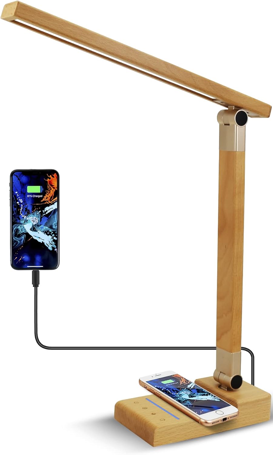 Solid Wood Desk Lamp with 15W Wireless Charger and USB Port, Touch Control Table Lamp,Adjustable
