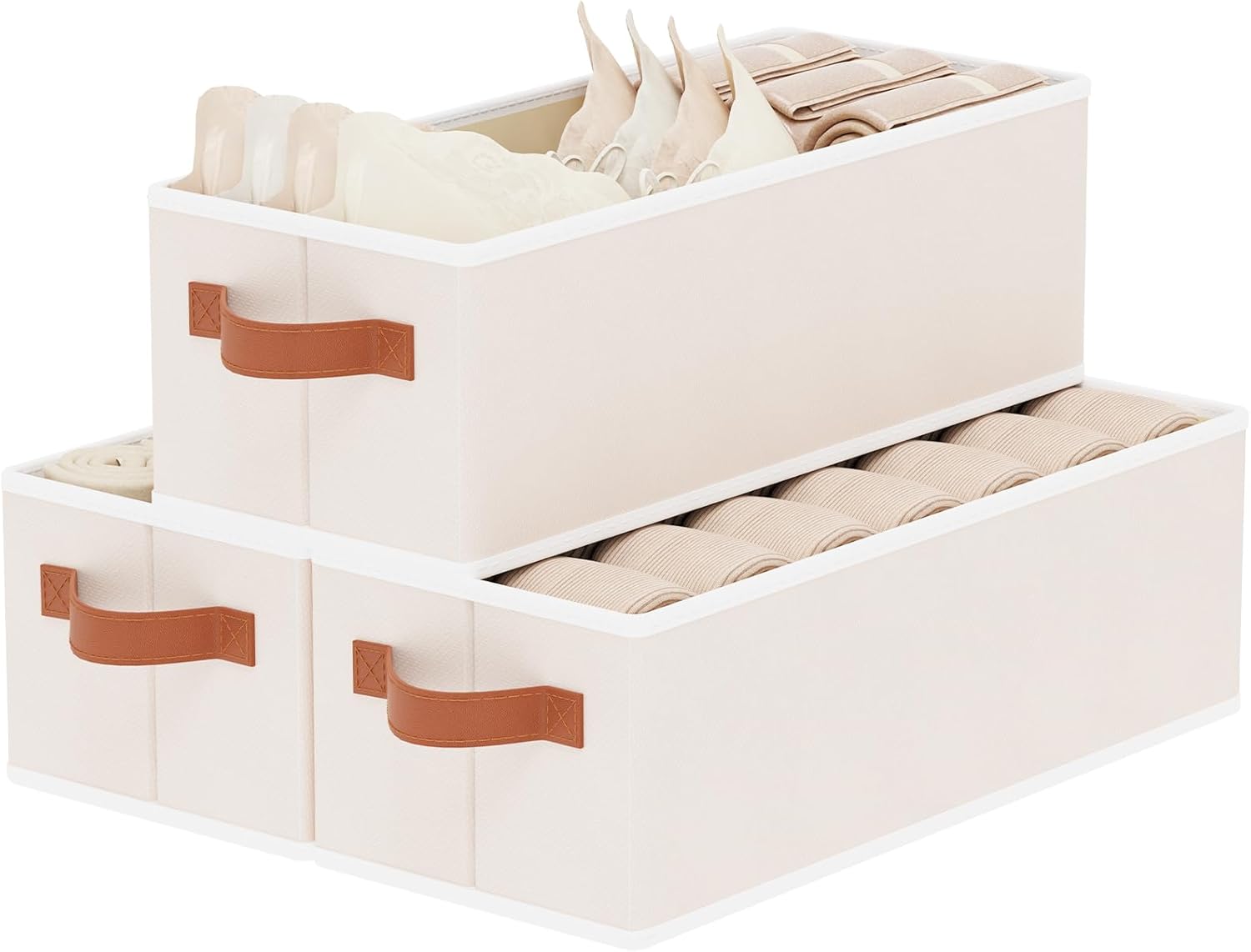 Storage Bins, Fabric Foldable Baskets for Shelves, Collapsible Storage Box Containers with Double Handles, Beige, 15 x 6 x 5 Inch, 3-Pack
