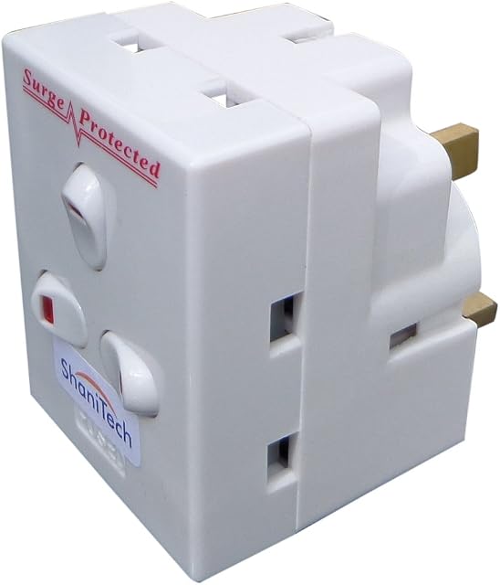 ShaniTech 3 way switched surge protected 13A adaptor 3 gang UK mains plug-in adapter with NEON switches