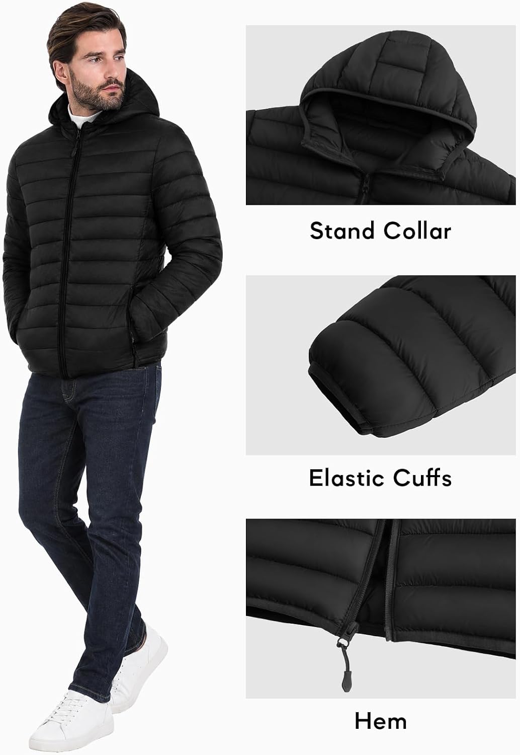 Polu Mens Lightweight Puffer Jacket with Hood Packable Coats