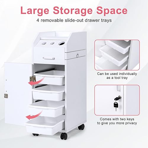 Miniatura 4 de Winado Carrito de almacenamiento de peluquería con ruedas y 3 soportes para secador de pelo, 4 cajones y cerradura y 2 llaves, estación de