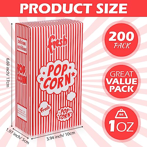 Ireer 200 Pcs 1oz Popcorn Boxes Close Top Popcorn Containers Bulk Red and White Striped Paper Popcorn Boxes for Popcorn Machine Movie Party Theater Night Party Carnival Circus Party Supply