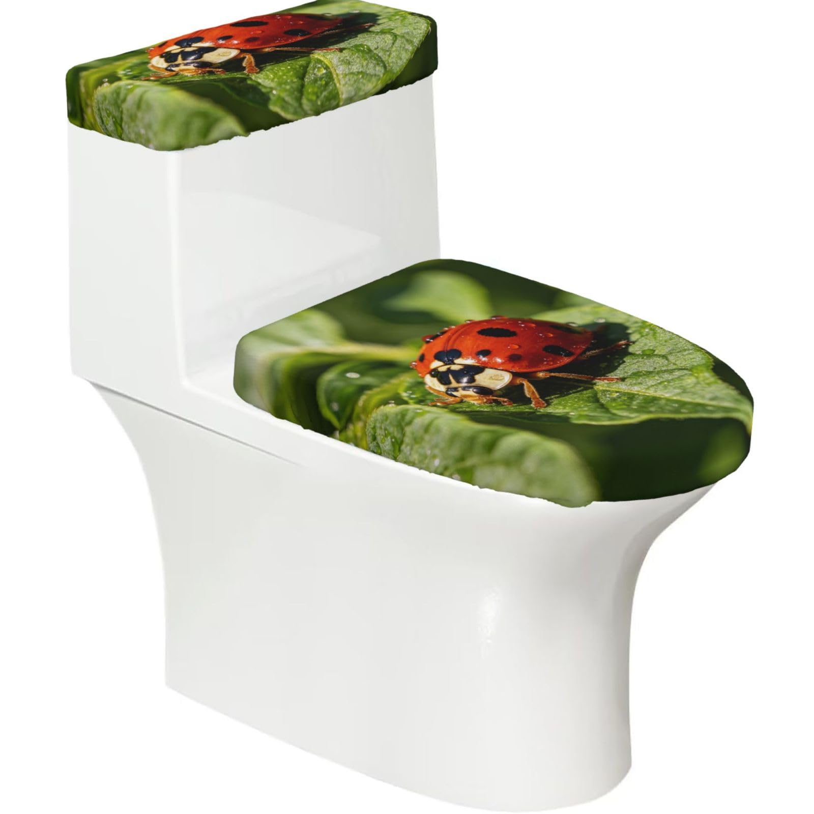 Red Ladybug Art Elastic Toilet Cover Set of 2-Stretchy Lid and Tank Covers for Bathroom, Soft Washable U Shape Toilet Decor