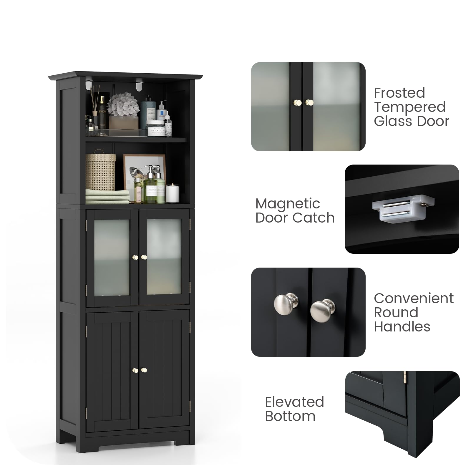 LIFEZEAL Mobiletto Alto da Bagno Salvaspazio, Mobiletto Multiuso in Legno, 60x30x163cm, Mobile Bagno con 2 Ante in Vetro, Armadietto da Terra con Ripiani Regolabile per Cucina e Soggiorno (nero)