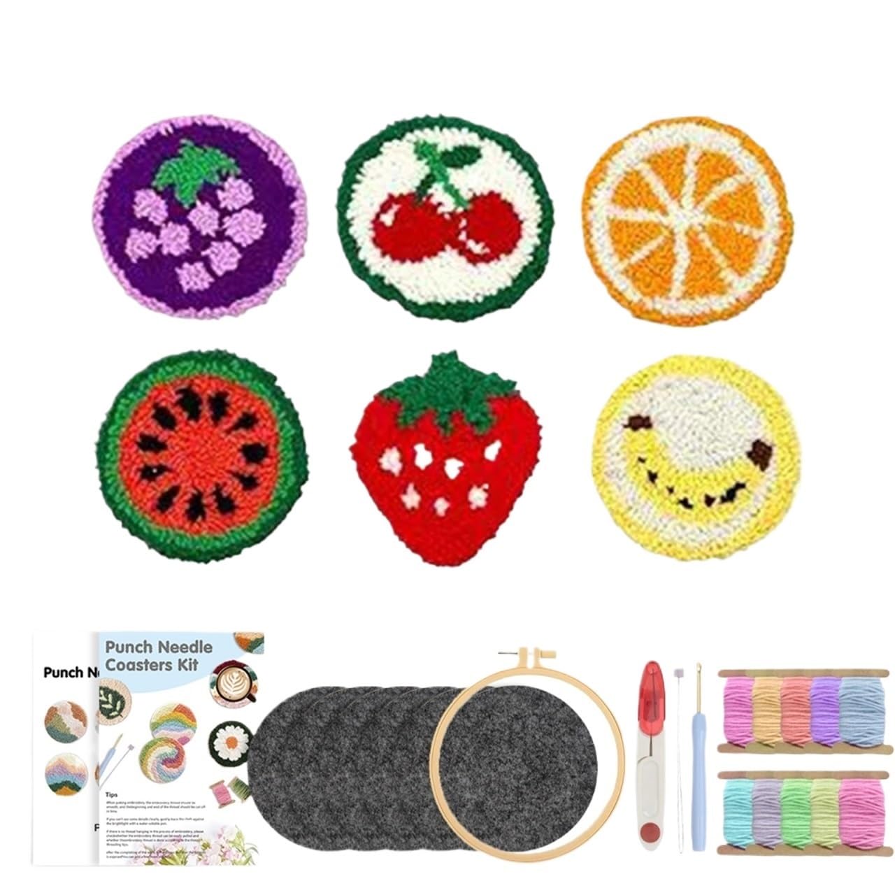 1set Punch Needle Coaster Kit 6PCS Easy DIY Embroidery For Beginners Adults Holder Art Craft Supplies for DIY(Color3)