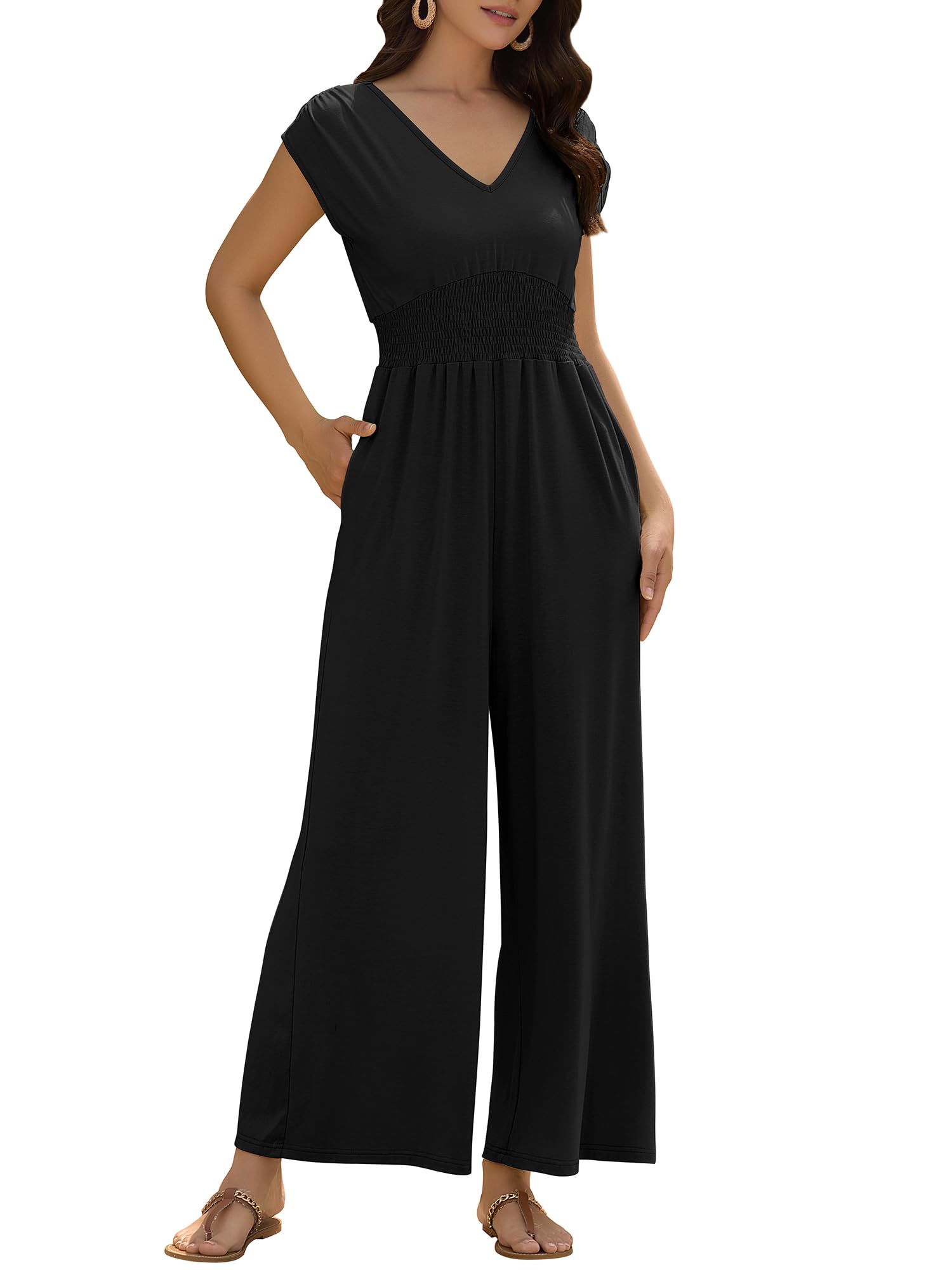ZAFUL Womens Summer Jumpsuits 2025 Smocked Waist Dressy Casual One Piece Outfits with Pockets