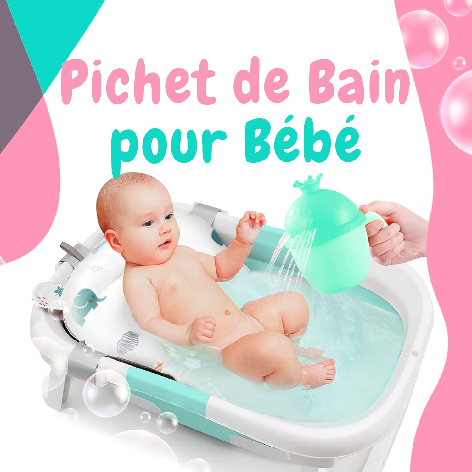 Coussin de Bain Bébé + Pichet de Bain – Coussin Baignoire Bébé Universel – Réducteur Baignoire pour Bébé – Matelas Doux & Antidérapant (Blanc)