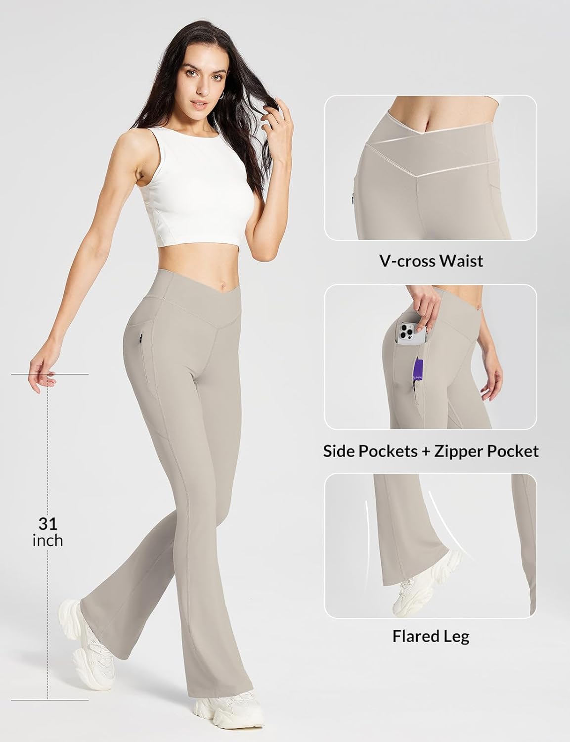 baleaf Women's Flare Leggings with Zipper Pockets Crossover High Waist Bootcut Yoga Pants Tummy Control Bell Bottom Leggings - Image 4