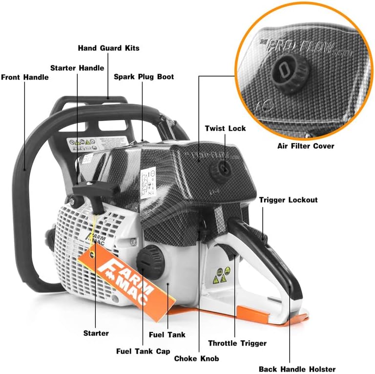 Miniatura 5 de FARMMAC F660VW - Motosierra de gas de 2425 pulgadas, motosierra de 92 cc, motosierra de 2 ciclos de gasolina, 5.2KW 6.4 HP, todas las piezas