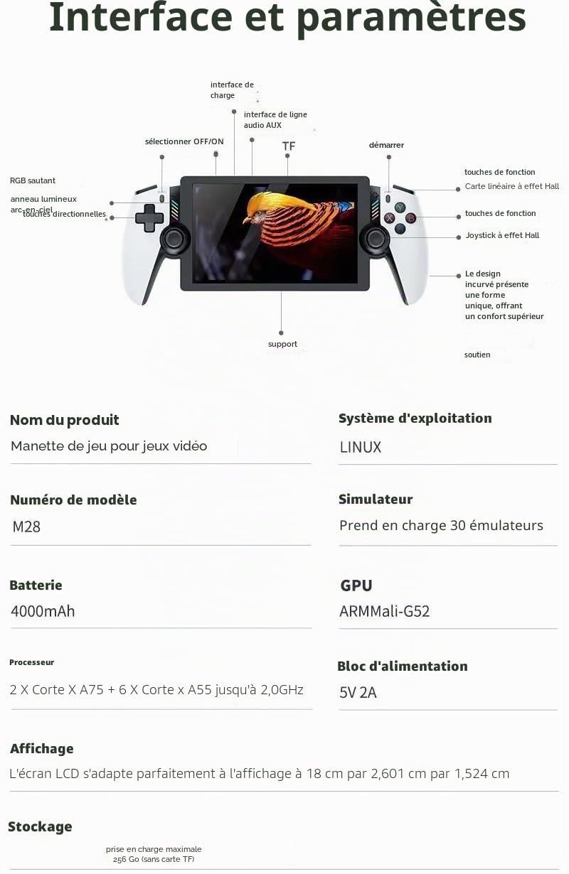 M28 Console de jeu portable rétro, grand écran LCD HD de 18 cm, système EmuELEC intégré, plus de 30 émulateurs et plus de 20 000 jeux, batterie de 4000 mAh, lecteur de jeu vidéo portable pour enfants