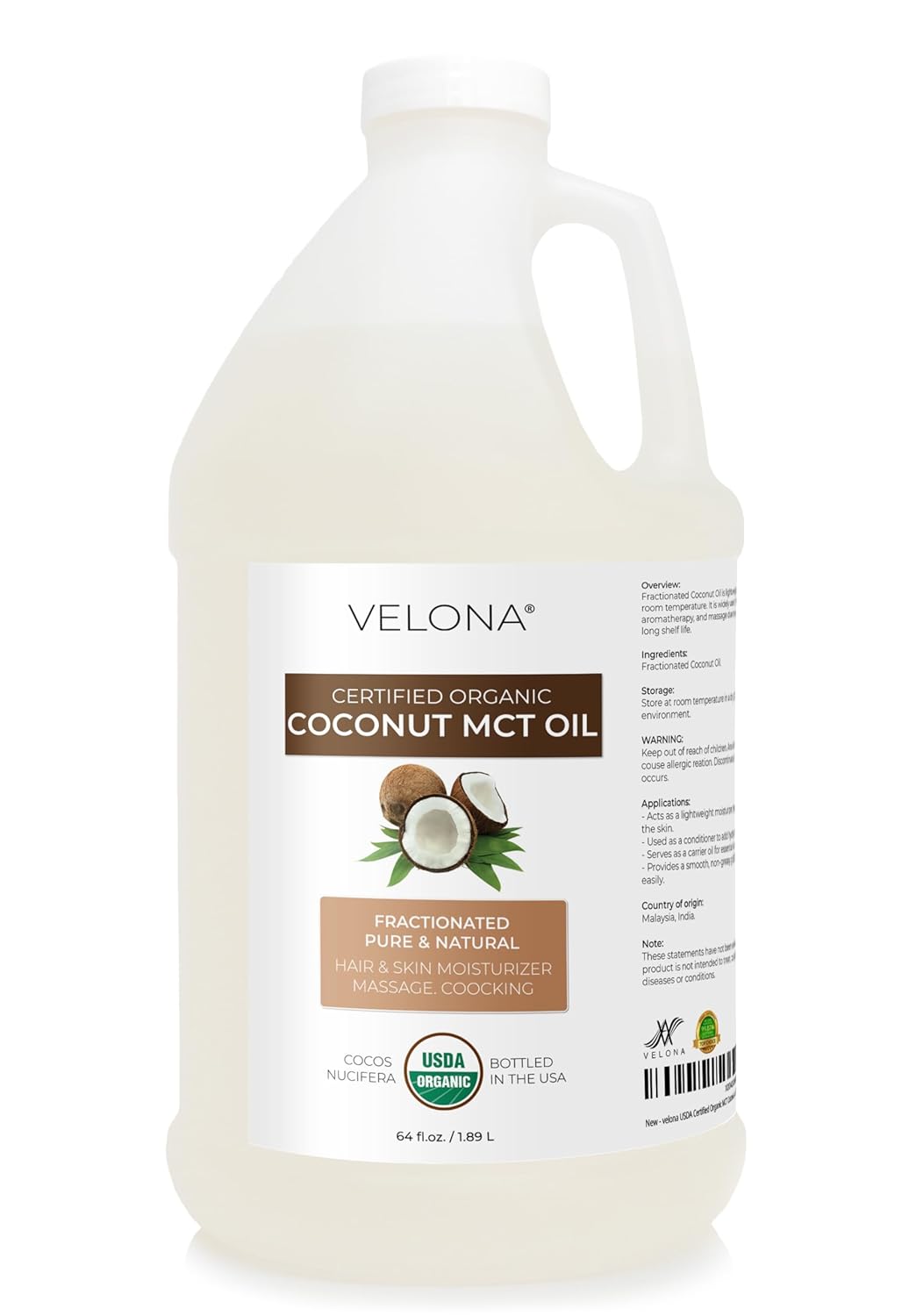 velona USDA Certified Organic MCT Coconut Oil - 64 fl oz | 100% from Coconut | Fractionated | Skin, Face, Body, Hair Care | Use Today - Enjoy Results