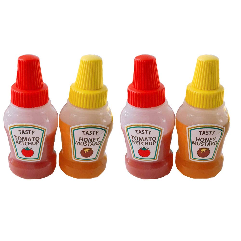 LARATH 4 Pieces Mini Tomato Ketchup Bottle Portable Plastic Squeeze Squirt Condiment Bottles Honey Mustard Sauce Salad Dressing Container for Bento Box, 2 Colors