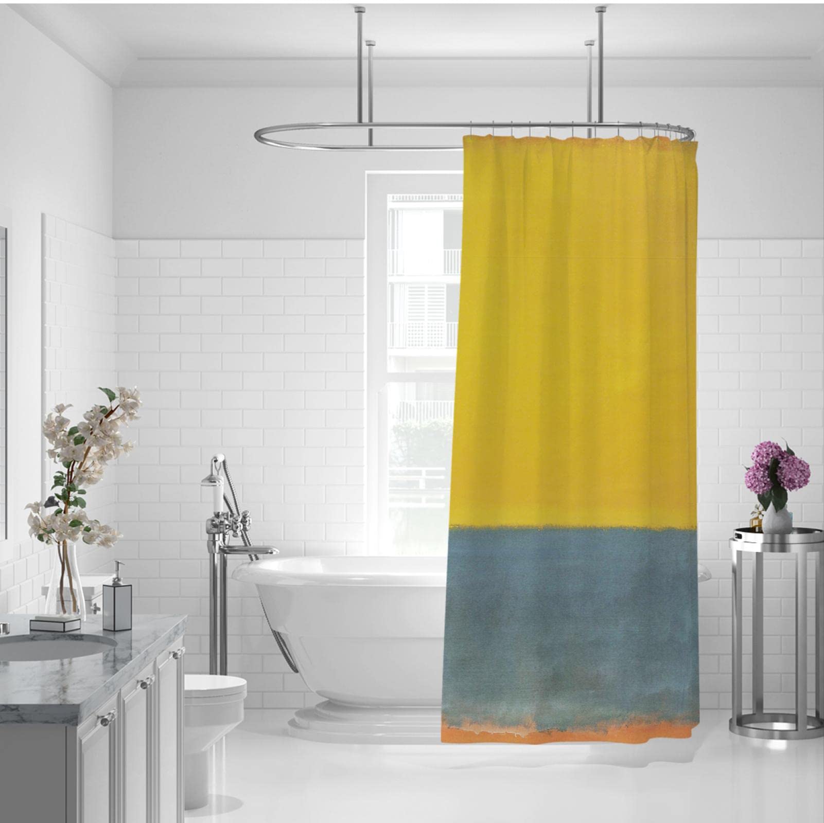 Żółta zasłona prysznicowa Mark Rothko niebiesko-szara tkanina zasłony prysznicowe do łazienki, standardowy rozmiar, zestaw zasłon łazienkowych z haczykami, 275 x 180 cm