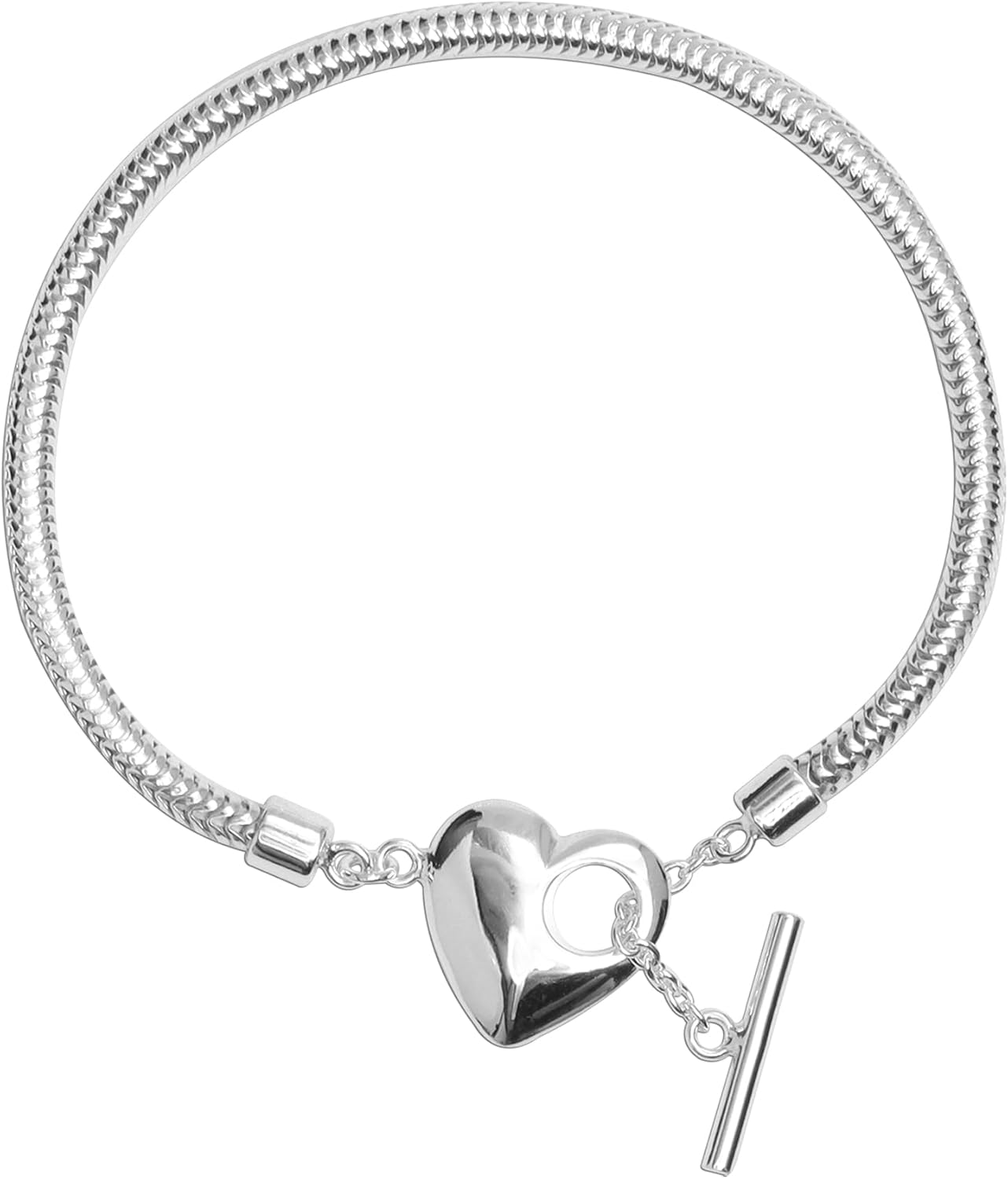 LeCalla 925 Sterling Silver Elegent Love Heart Charm Bracelet | Adjustable Italian Snake Chain T-Bar Bracelet Wristband for Women Toggle Clasp 7.5 Inches