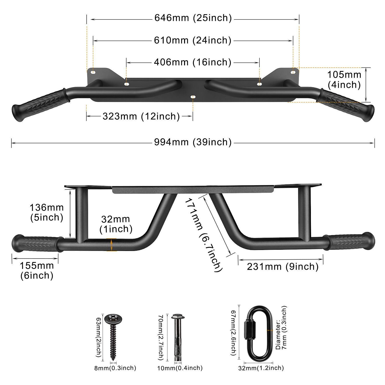 Kipika Pull Up Bar for Doorway Wall Mounted Multi-Grip Strength Bar with Resistance Band Hooks | Heavy-Duty Multifunctional Chin Up Bar for Home Gym Workout | 39-Inch Wide 600 Lbs Capacity