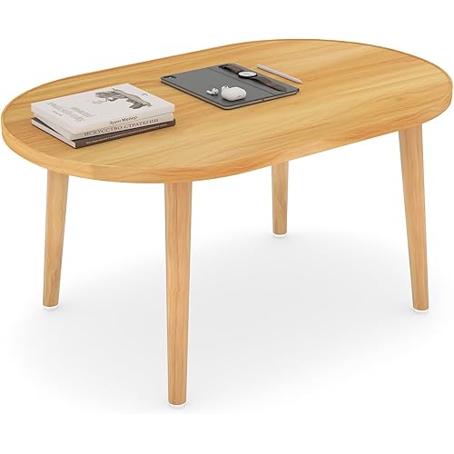 Oval Coffee Table Low Table with 4 Solid Wood Sturdy Legs, Floor Table Desk for Sitting on The Floor, Storage and Living Room Furniture (Natural)