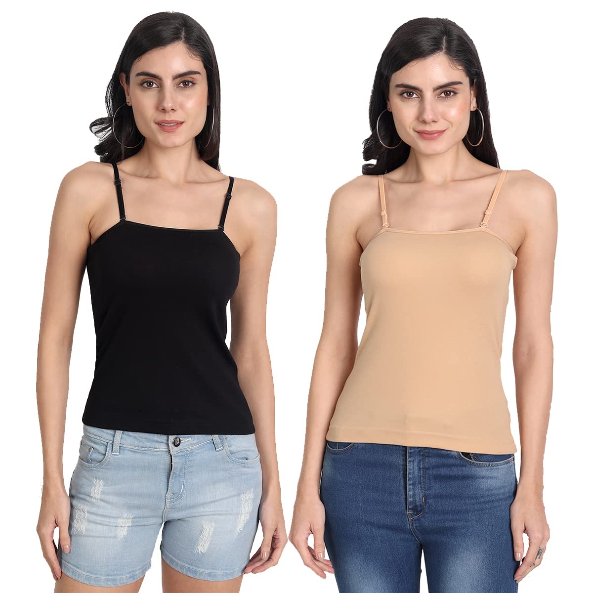 aimly Women Cotton Square Neck Extra Transparent Removable Strap Spaghetti Camisole Combo Pack of 2-picture-26
