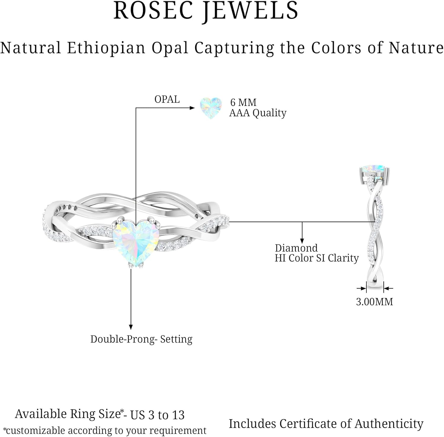 Natural Ethiopian Opal Diamond Promise Ring, AAA Quality, Certified Opal 6MM Heart Shaped Ring - With Jewelry Box