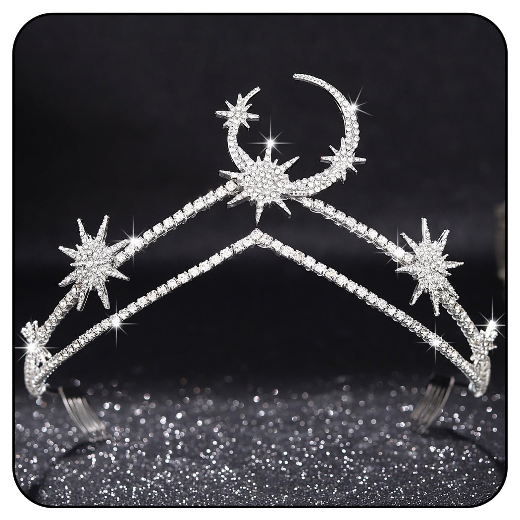 Zoestar Tiara de boda coronas de plata con diamantes de imitación corona diadema con peine princesa estrella luna tocado nupcial para mujeres fiestas de graduación
