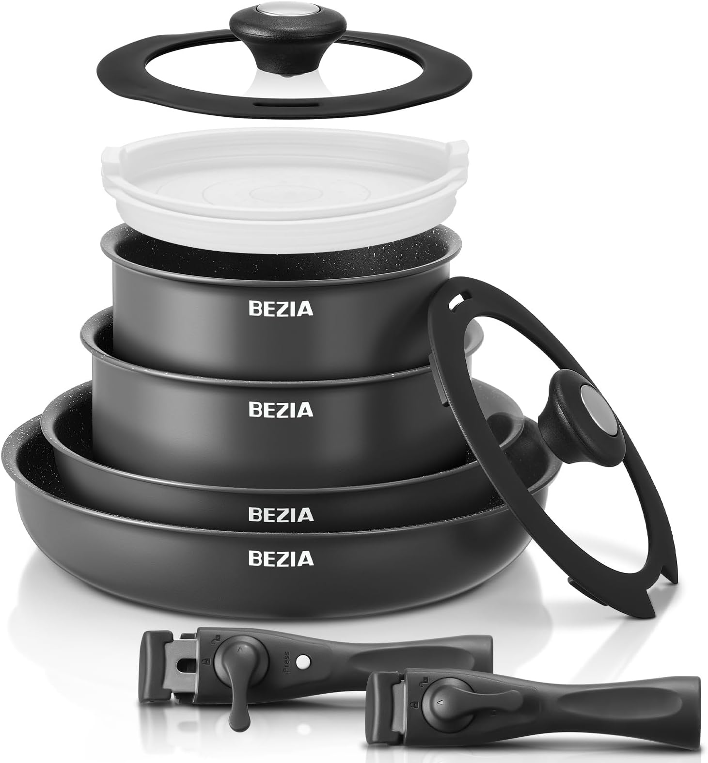 BEZIA Induction Cookware Set 10 Pieces, Nonstick Pots and Pans Set with Removable Handles, for All Hobs, Stackable Design, Dishwasher/Oven Safe, PFAS Free