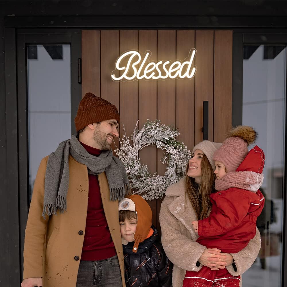 DIVATLA Blessed Neon Sign for Wall Decor, Blessed LED Light Up Signs for Bedroom, Dimmable & Reusable for Office Studio Lounge, Blessed Gifts for Friends & Family, USB Powered 17"x7" Warm White