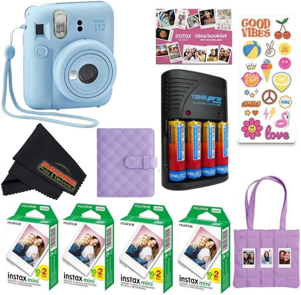 FUJIFILM INSTAX Mini 12 Holiday Bundle 2025 | with Extra Instax Mini Film + 4 Pk AA Batteries & Sunshine Photo Microfiber Cleaning Cloth (10 Items) (80 Sheets, Pastel Blue)