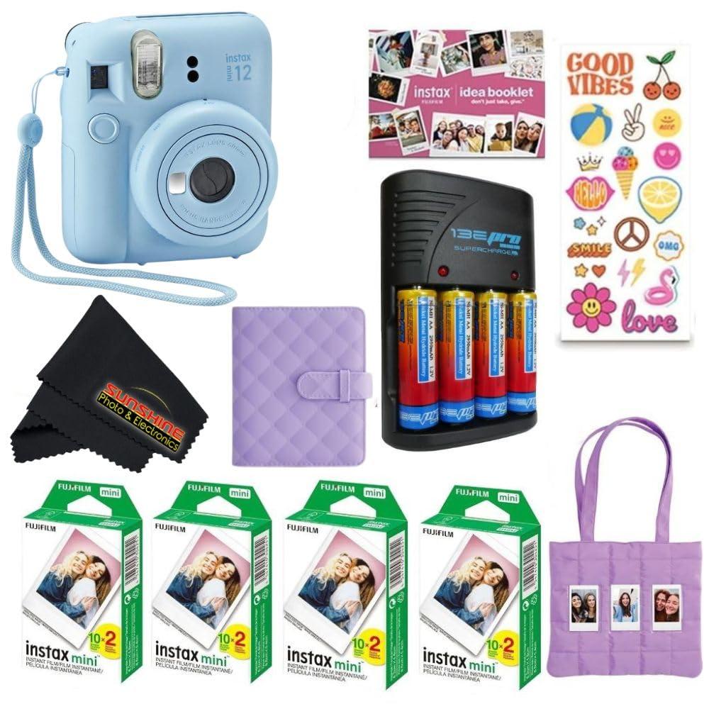 FUJIFILM INSTAX Mini 12 Holiday Bundle 2025 | with Extra Instax Mini Film + 4 Pk AA Batteries &amp; Sunshine Photo Microfiber Cleaning Cloth (10 Items) (80 Sheets, Pastel Blue)