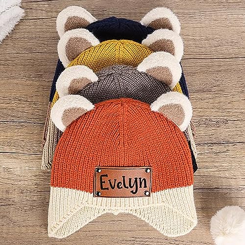 Personalized Baby Beanie Hat, Custom Kids Name Winter Warm Hats with Leather Patch Toddler Knit Double Pom Pom Flake Hats for Infant Gift Blue2