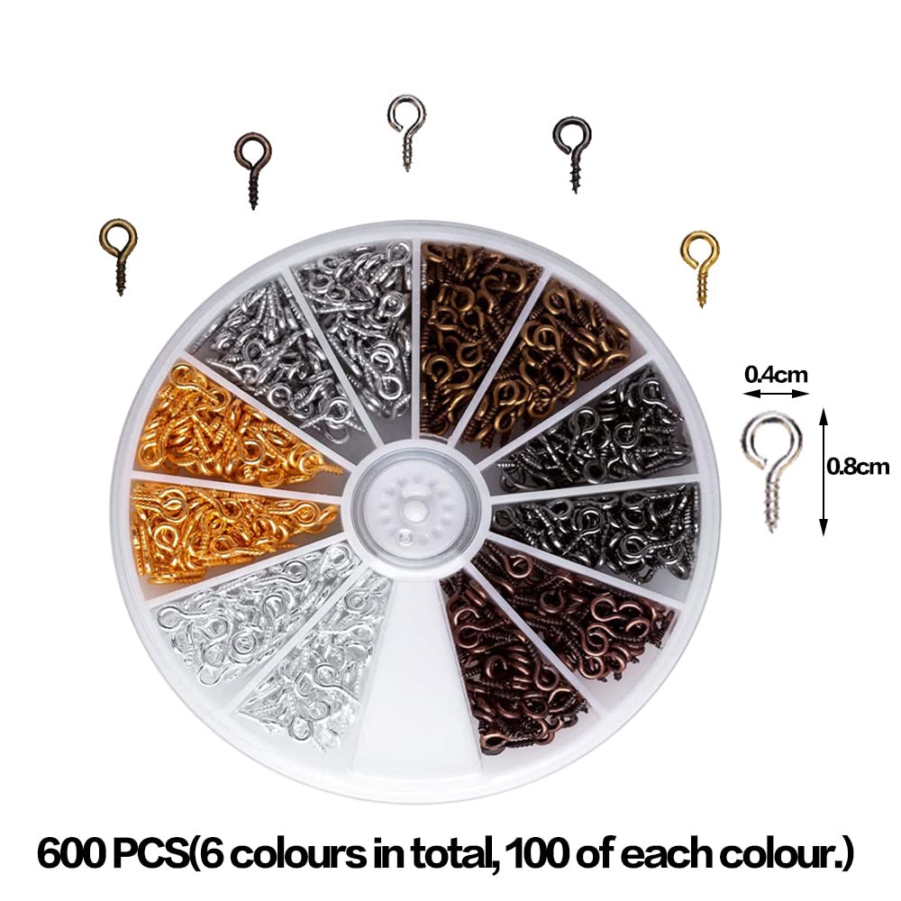 600Pcs Mini Viti a Occhiello Vite Occhielli Perni Ganci Vite Perno Occhio in Metallo per la Creazione di Gioielli Artigianato Fai da Te, 4 x 8 mm, 6 Colori