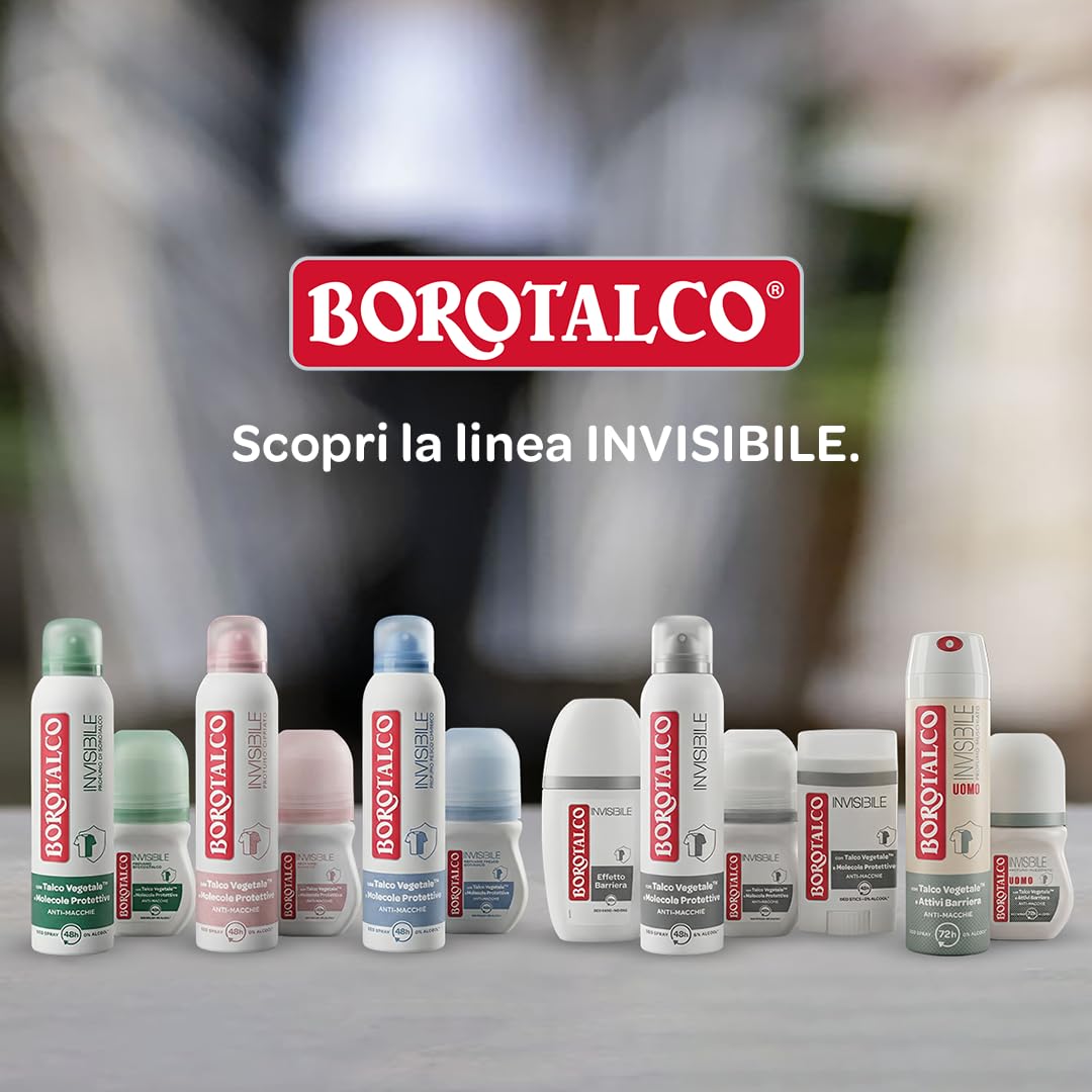 Borotalco, Deodorante Uomo Roll-On Invisibile, con Talco Protettivo, Anti-Macchie, Senza Alcool, Profumo Muschiato, 72h efficacia - 4 Pezzi da 50 ml - Esclusiva Amazon