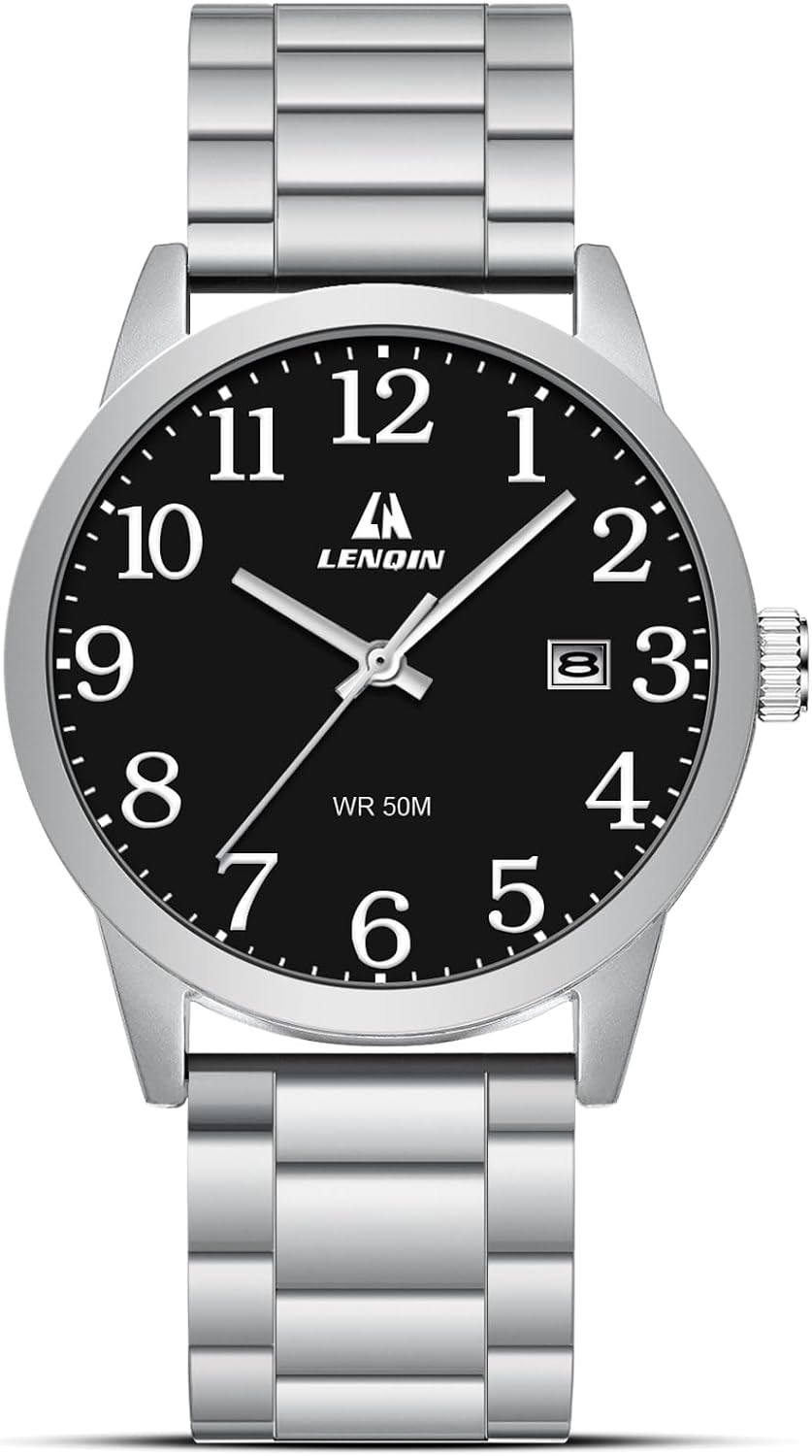 LN LENQIN Men Watch Stainless Steel Waterproof Business Date Watch for Men | mens watches large dial adjustable band 30m water resistant scratch-proof crystal ideal gift for wrist watch men