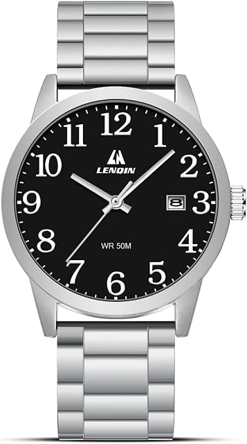 LN LENQIN Hommes Montres en acier inoxydable Imperméable Business Date Watch pour hommes montres grand cadran ajustable bande 30m l'eau résistant aux rayures cristal cadeau idéal pour les hommes montre poignet