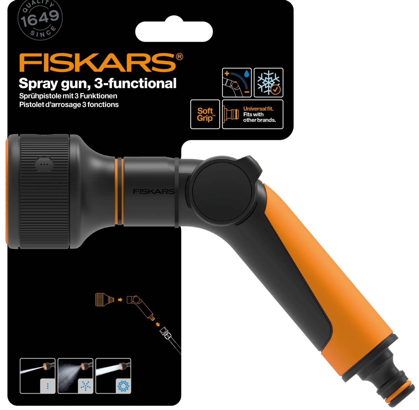 Fiskars Pistolet zraszający, 3 funkcje, strumień, mgiełka, strumień deszczowy, bezstopniowa regulacja przepływu za pomocą kciuka, rozmiar uniwersalny, czarny/pomarańczowy, 1065486