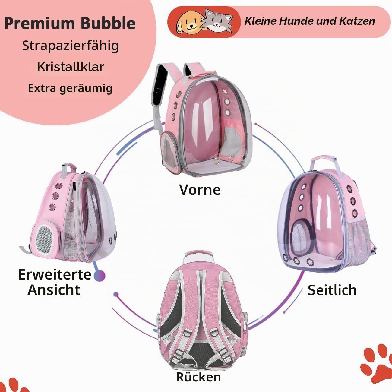 Erweiterbar Katzenrucksack Hunderucksack, Vorderrucksack für Katzen und Kleine Hunde, mit transparentem Fenster und Reißverschluss, für Reisen, Wandern (Rosa, Vorderseite Erweitern)