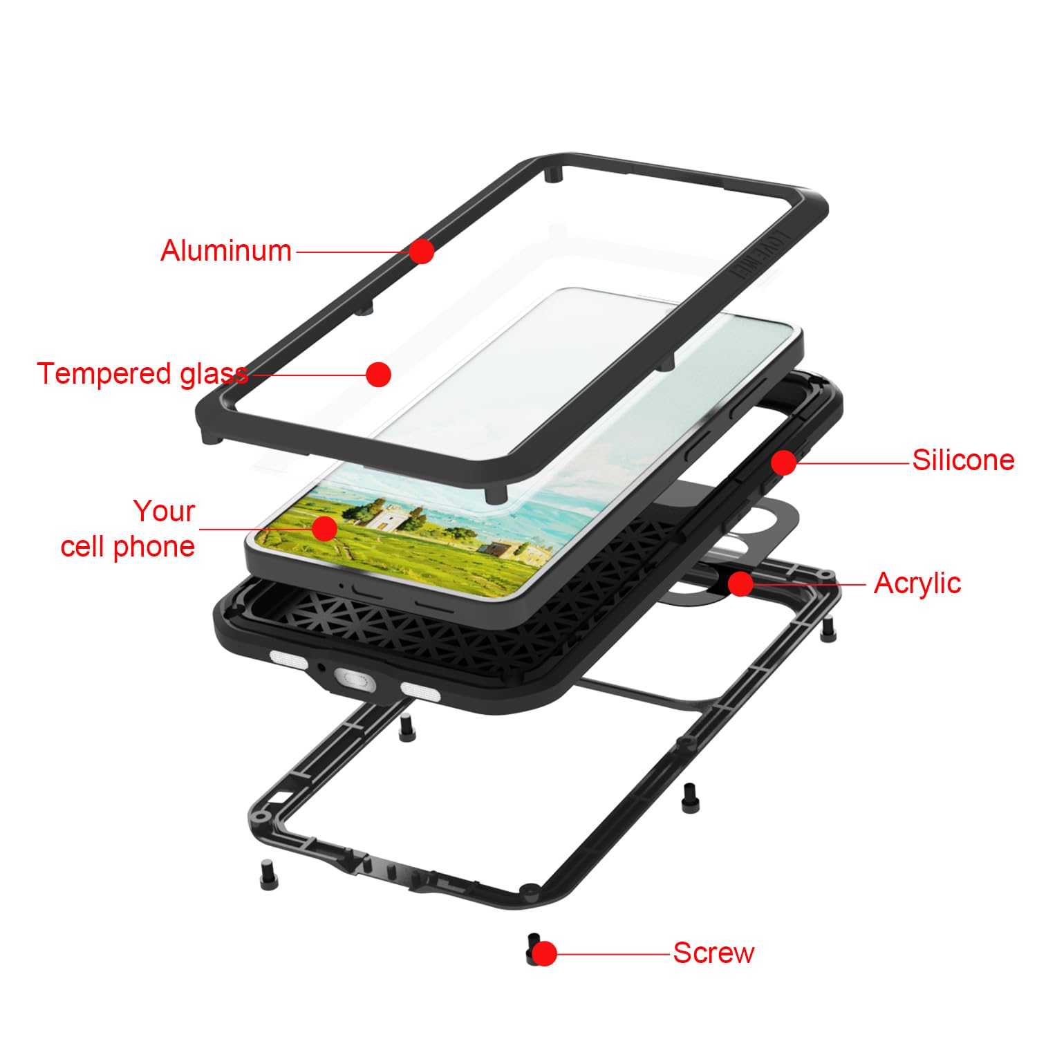 LOVE MEI Funda compatible con Samsung Galaxy S26, deportes al aire libre, militar, resistente, a prueba de golpes, a prueba de polvo, aluminio híbrido, metal, silicona y vidrio templado (negro)