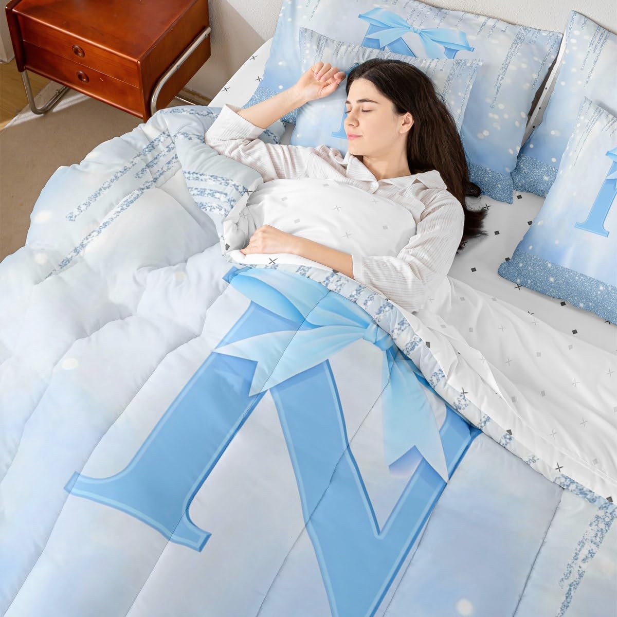 Feelyou Blue Bowknot Comforter Set with Sheets 7 Piece Full Size Initial Letter N Bed in a Bag Kids Boys Girls Princess Glitter Bedding Set Cute Bow Alphabet Breathable Soft