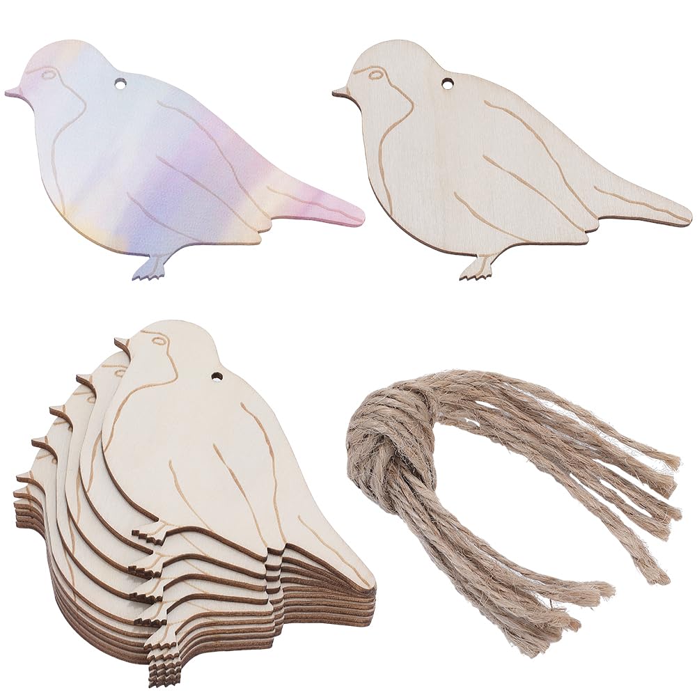 GORGECRAFT 2 Sets Wood Bird Blank Beige Wooden Hanging Pendant Decoration Animal Cutout Slices Embellishments with Hole and Cord Wooden Pieces Ornaments for Wedding Christmas Tree DIY Decoration