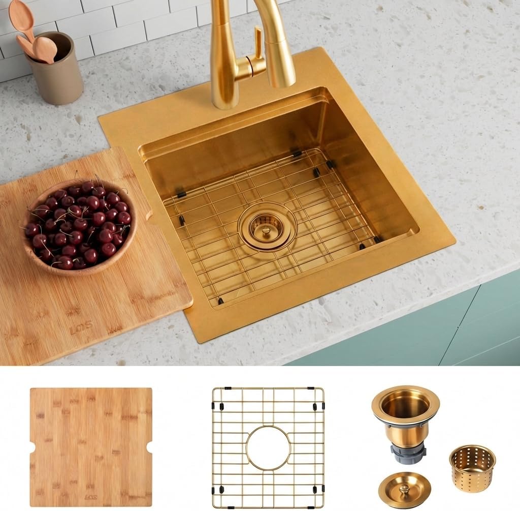 LQS Brushed Gold Finish Kitchen Sink, Small Gold Drop In Bar Sink 16” x 18” with Cutting Board, 16 Gauge Stainless Steel Golden Kitchen Sink, 10” Depth For Daily Use, Outdoor and Prep Use