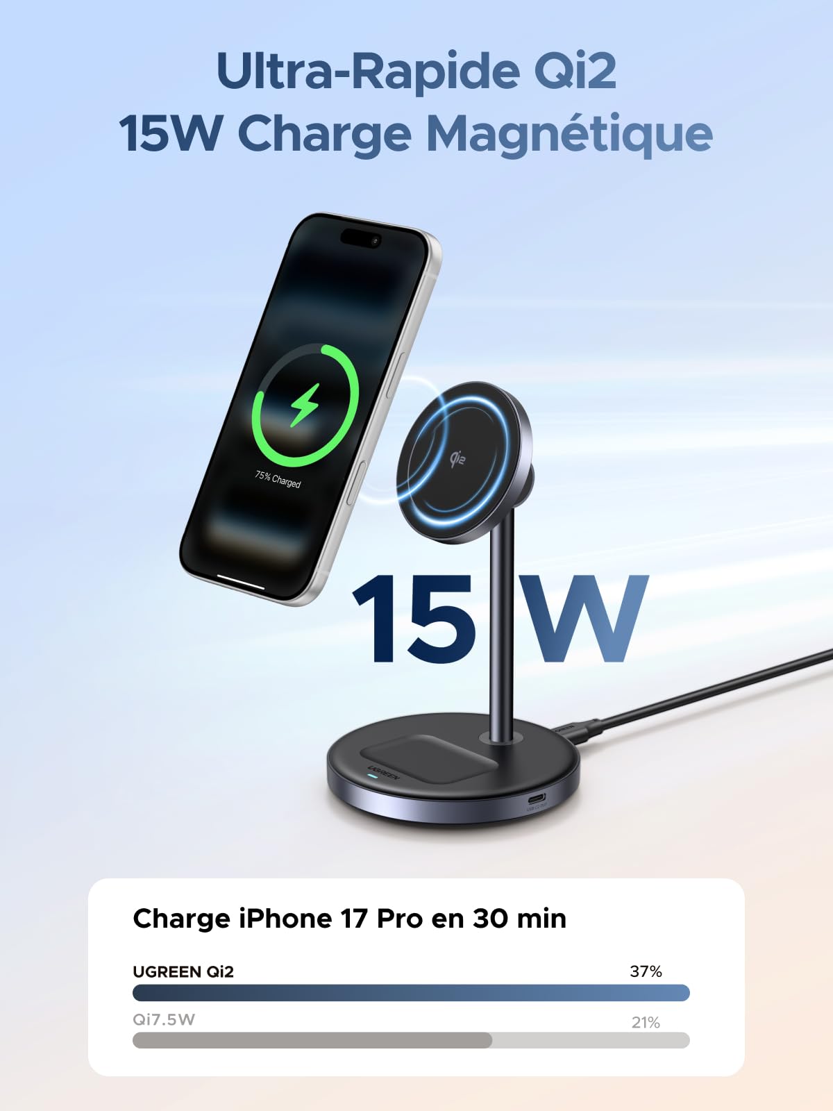 UGREEN Zapix 2 en 1 Chargeur Induction iPhone Magsafe Qi2 15W Certifié Station de Charge Rapide sans Fil Compatible avec iPhone 17 Pro Max Air 16 15 14 13 12 AirPods 4 3 AirPods Pro 3 2 1