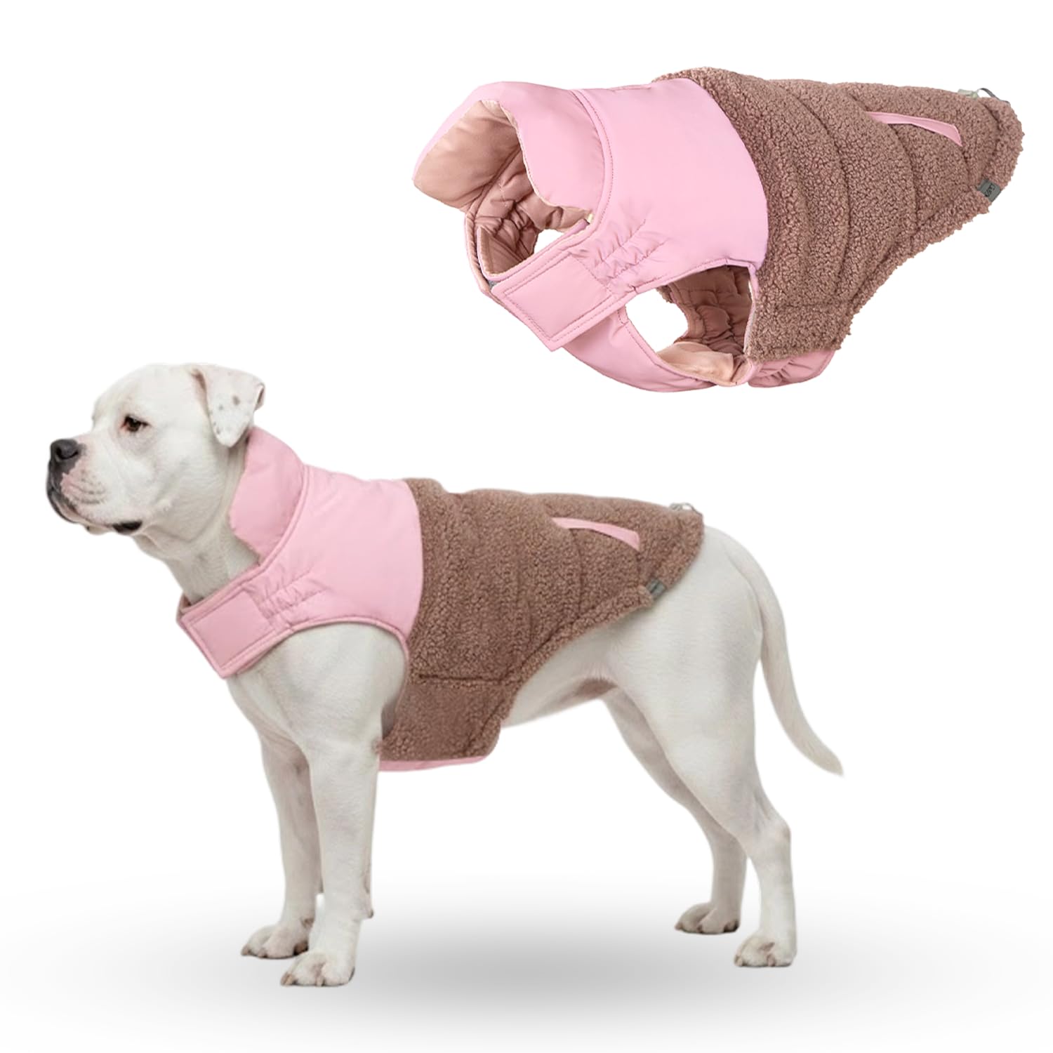 Dog Coat, Warm Clothes with Leash Holes Winter Dog Fleece Vest Closure Cold Weather Jacket, Adjustable Drawstring Windproof Snow Coat Pink