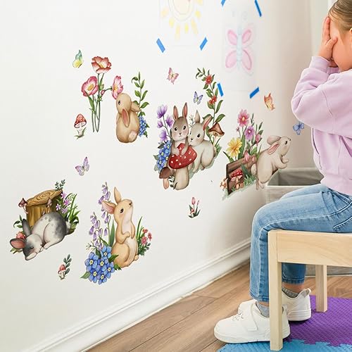 Miniatura 3 de Timelesslong Calcomanías de pared con diseño de conejo, diseño de flores extraíbles, despegar y pegar, decoración de pared floral para bebés, niñas,