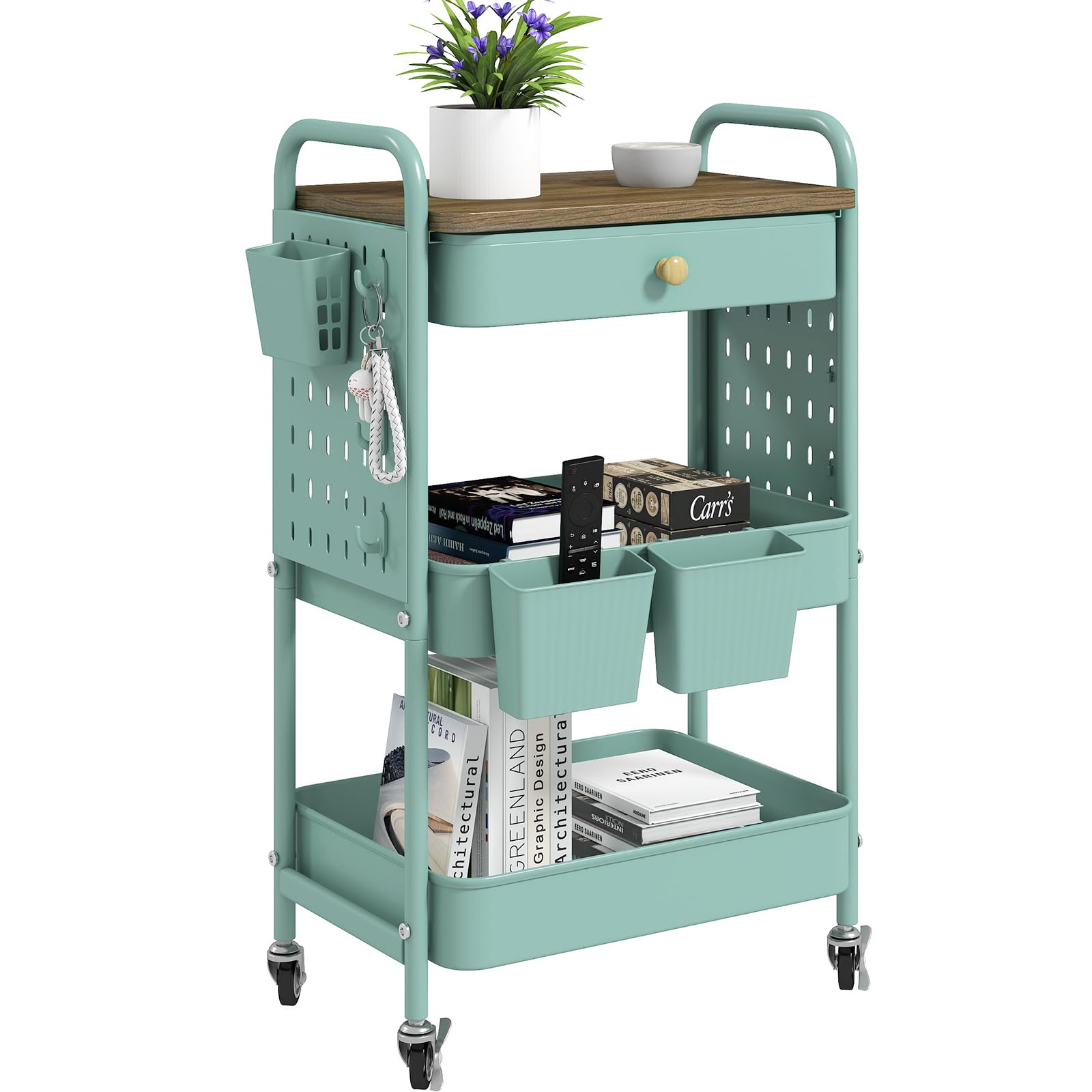 danpinera 3 Tier Rolling Cart, Metal Storage Cart with Drawer, Wooden Tabletop & DIY Pegboards, Utility Carts on Wheels with Hooks & Hanging Cups, Mobile Storage Organizer Trolley for Kitchen, Office